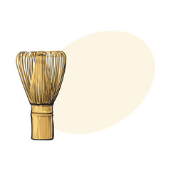 Side view drawing of wooden whisk for matcha green tea preparation, sketch style vector illustration with space for text. Realistic hand drawing of bamboo whisk for matcha green tea