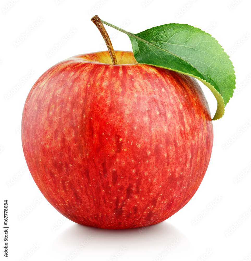 Wall mural single ripe red apple fruit with green leaf isolated on white background with clipping path - Wall murals