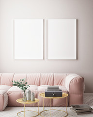 mock up poster frame in hipster interior background, scandinavian style, 3D render, 3D illustration