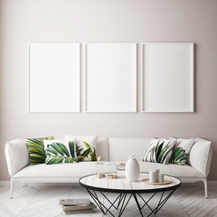 mock up poster frame in tropical interior background, modern Caribbean style, 3D illustration