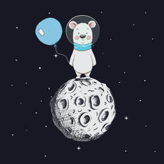 Cute bear with balloon stand on moon