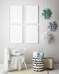 mock up poster frames in children bedroom, Scandinavian style interior background, 3D render, 3D illustration