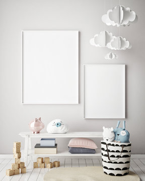 mock up poster frames in children bedroom, Scandinavian style interior background, 3D render, 3D illustration