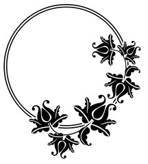 Black and white silhouette round frame with decorative flowers. Vector clip art.