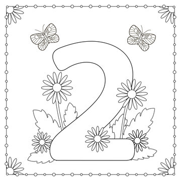 Numeral two with flowers, leaves and butterflies. Coloring page