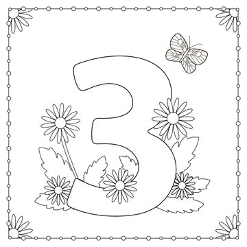 Numeral three with flowers, leaves and butterfly. Coloring page