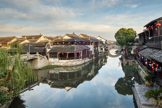 View of waterways and traditional buildings, Xitang Zhen, Zhejiang, China