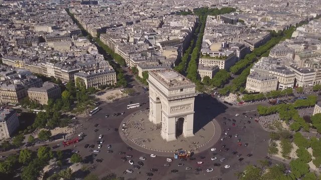summer day paris cityscape famous arch de triumph traffic circle aerial panorama 4k time lapse france
