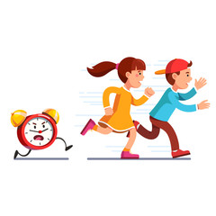 School students kids running away from alarm clock