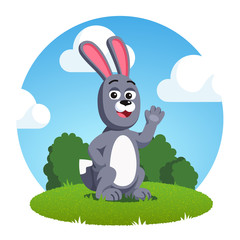 Smiling grey rabbit with big ears waving hand