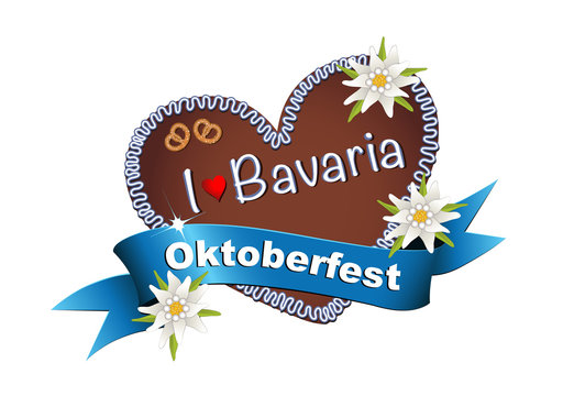 Oktoberfest Lebkuchenherz mit Banderole I liebe Bavaria, 
Vektor Illustration isoliert auf weißem Hintergrund