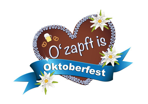 Oktoberfest Lebkuchenherz mit Banderole O’ zapft is,Vektor Illustration isoliert auf weißem Hintergrund

