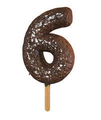 Chocolate Ice Cream Font on a stick. Number 6. 3d Rendering isolated.