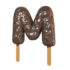 Chocolate Ice Cream Font on a stick. Letter M. 3d Rendering isolated.