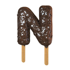 Chocolate Ice Cream Font on a stick. Letter N. 3d Rendering isolated.