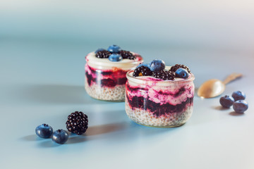 Vegan healthy food. Chia pudding with fresh blueberries, blackberries and natural yogurt.