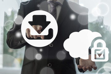 Cloud Computing Secure Data Web Storage Downloading Media Content concept. Man presses download...