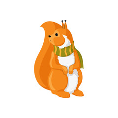 vector cartoon squirrel in green scarf. Isolated illustration on a white background. Autumn, harvest symbols objects concept