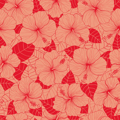 Seamless hand drawn pattern with hibiscus flowers and leaves