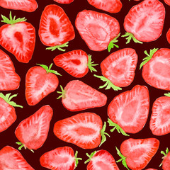 Seamless watercolor pattern with strawberry slices on dark background.