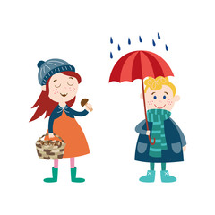 vector boy keeping umbrella under the rain, girl collecting mushroom in basket wearing autumn clothing set, cartoon isolated illustration on a white background Autumn activity kids concept