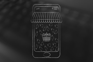 smartphone with shop awnings and shopping basket surrounded by price tags