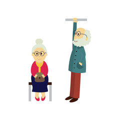 vector old woman sits on a public transport bench keeping purse at knees, old man stays holding handrail. Flat illustration isolated on a white background. Bus, underground ,subway characters concept