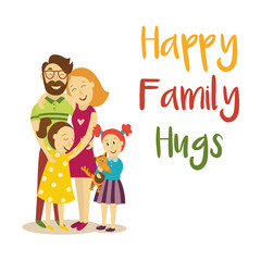vector happy family hugs lettering inscription on background of happy adult couple hugging children and pet cat. Flat cartoon isolated illustration on a white background.