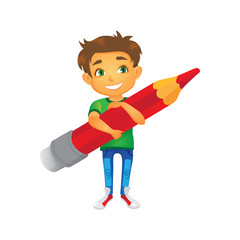 vector cartoon boy character keeps big pencil in hand smiling. Flat isolated illustration on a white background. Back to school concept