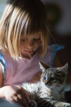 Girl holding kitten