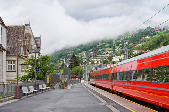 Train at the station in the Norwegian mountains