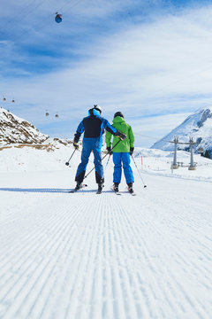 Father and son on skiing holiday, Hintertux, Tirol, Austria