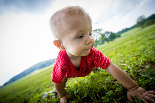 Baby boy crawling in grassy  rural field