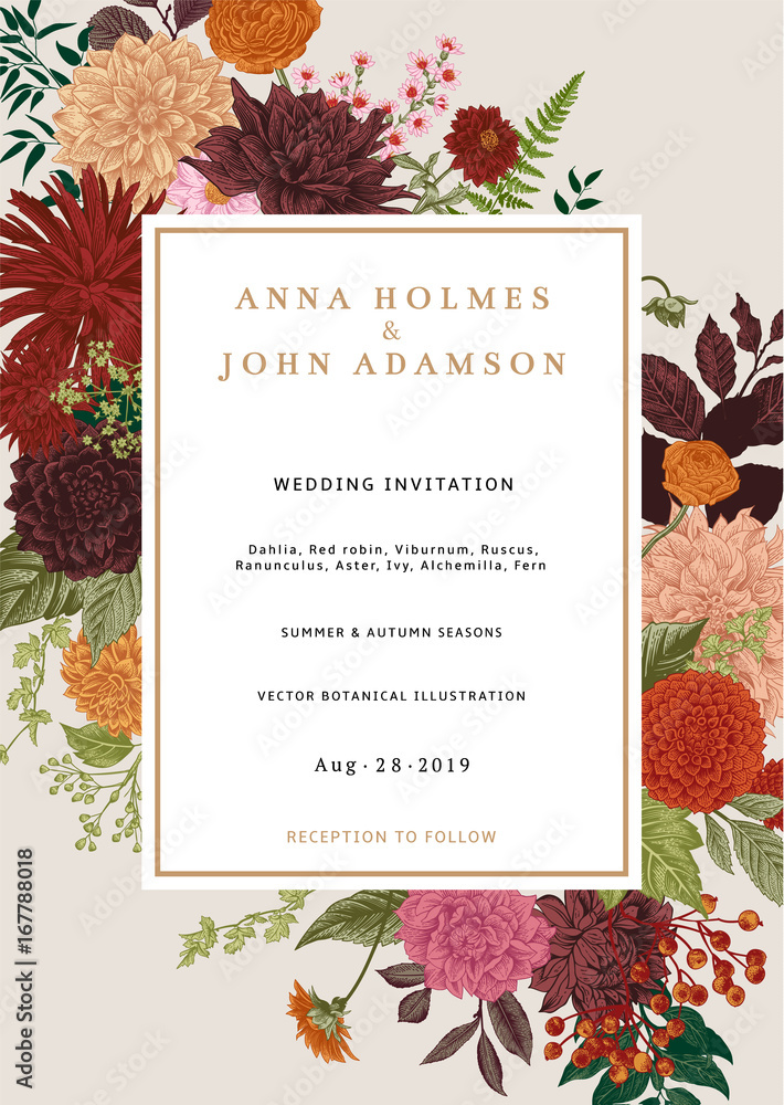 Canvas Prints wedding invitation. summer and autumn flowers. dahlias, ruscus, viburnum, ranunculus. modern florist