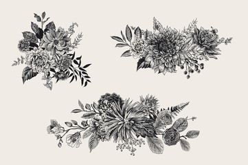 Summer and autumn set floral bouquets. Dahlias, Ruscus, Viburnum, Ranunculus. Modern floristics. Vector illustration. Black and white © OlgaKorneeva