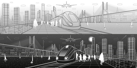 City and transport panorama. Passengers get on train, people at station. Airplane fly. Big bridge. Modern town on background, towers and skyscrapers. Yachts on water. White lines. Vector design art