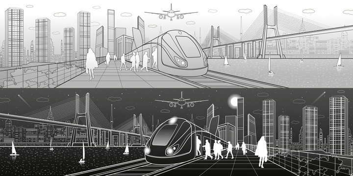 City and transport panorama. Passengers get on train, people at station. Airplane fly. Big bridge. Modern town on background, towers and skyscrapers. Yachts on water. White lines. Vector design art