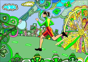 A young girl runs in the park (daylight colorful)