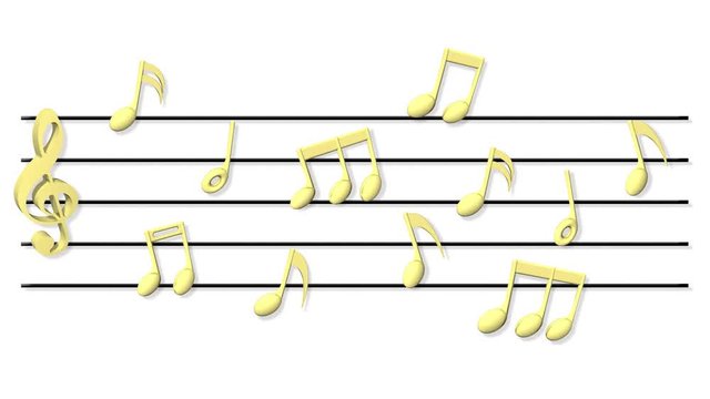 Animazione illustrazione 3D. Pentagramma con note oro..