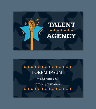 Vector Talent Agency Business Card Template With Retro Microphone And Stars