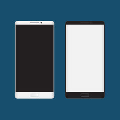 Black and white smart phones. Isolated on blue background