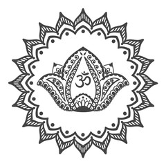 Om symbol with hand drawn mandala and Lotus flower. Set of oriental ornaments for greeting card, invitation, yoga poster, coloring book.
