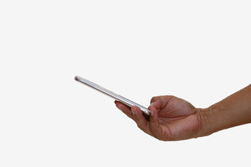 Hand holding smartphone isolated with white background