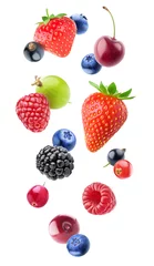 Poster Isolated falling berries. Mixed fruits float in the air (blueberry, blackberry, raspberry, strawberry, gooseberry, cherry, black and red currants) isolated on white background with clipping path © ChaoticDesignStudio