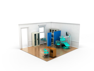 Isometric dentist office blue 3d rendering on white background