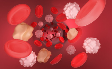 Red blood cells erythrocytes in interior of arterial or capillary blood vessel Showing endothelial cells and blood flow or stream Human anatomy model 3D visualization