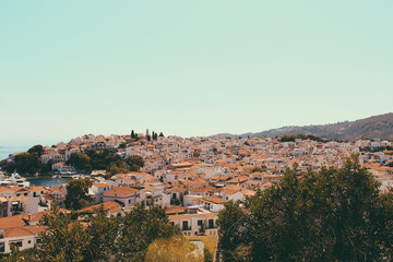 Obraz premium Skiathos panorama with white houses and small pedestrian streets.