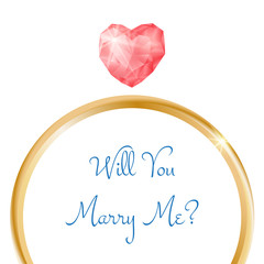 Vector engagement card. Will you marry me ring with heart shaped diamond