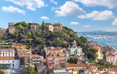 View of lisbon cityscape and saint Jorge castle skyline in sunny day ,Portugal