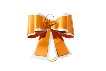 Orange bow on a white background. Christmas or happy new year Decorations  background. Holidays decoration.